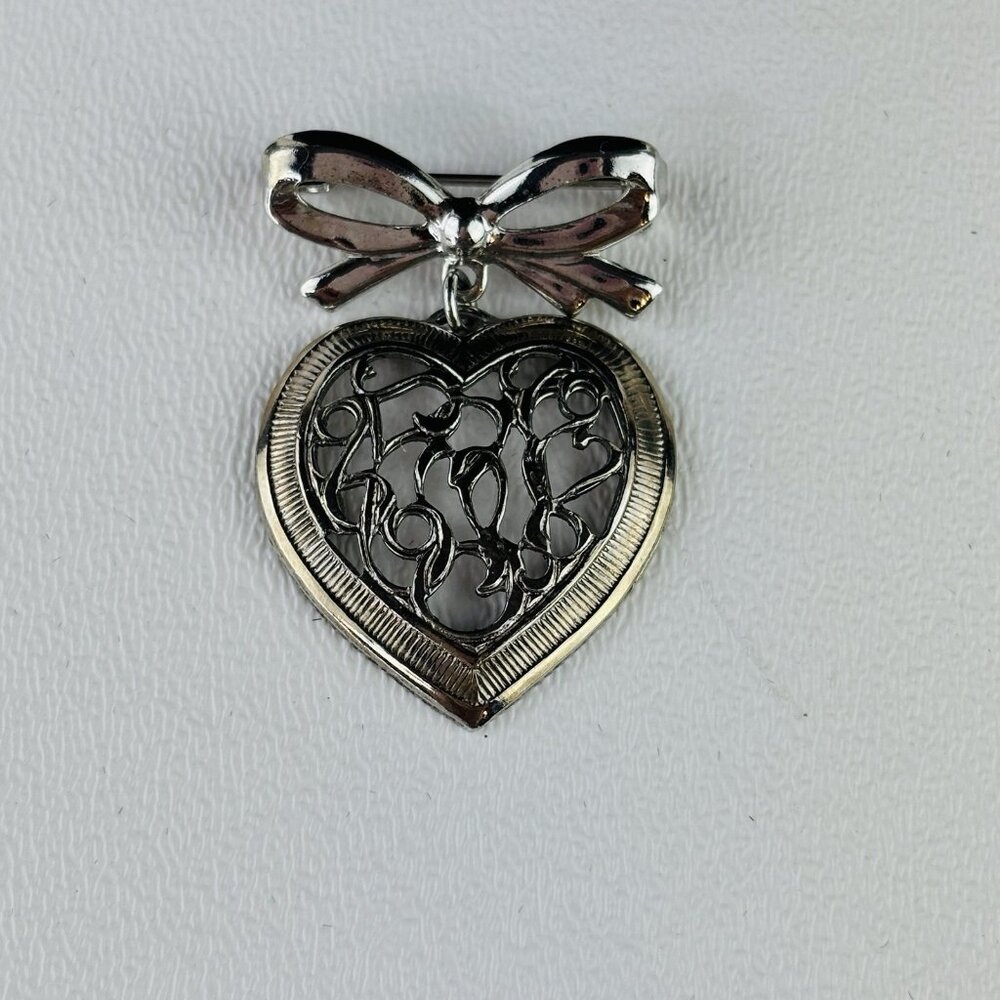 Silver Tone Heart Shaped Dangle Bow Brooch Pin